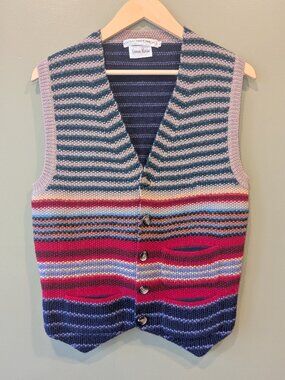 VTG Cathy Hardwick Wool Knit Vest Small Button Stripe Corporate Academia Preppy